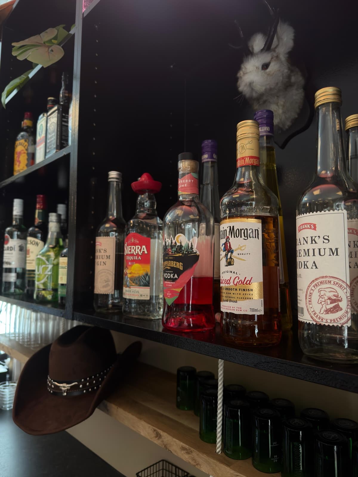 Barhylden med flasker og cowboyhat